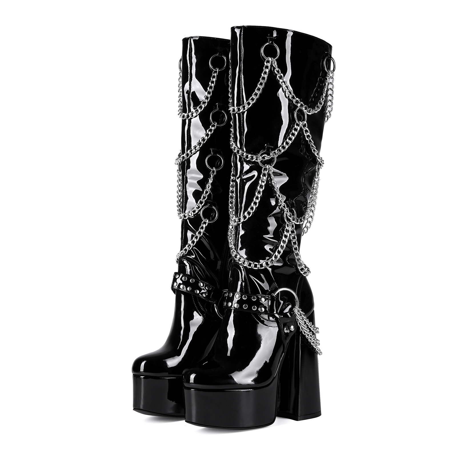 14.5cm Patent Leather Knee-High Chain Boots "The Obsidian Ritual"