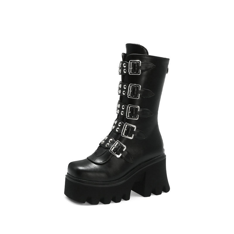 14.5cm Multi-Buckle Gothic Platform Knee-High Boots "The Obsidian Ritual"