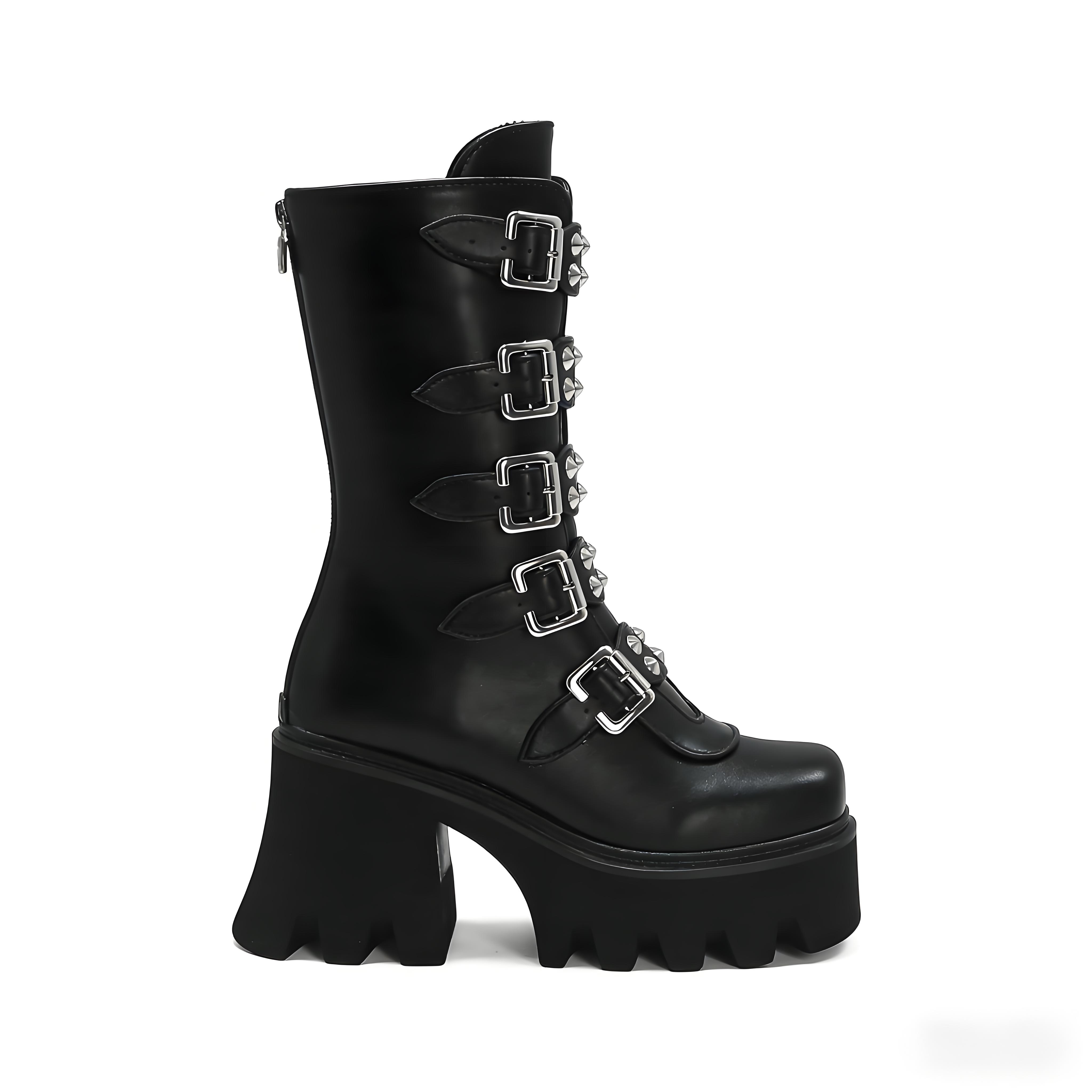 14.5cm Multi-Buckle Gothic Platform Knee-High Boots "The Obsidian Ritual"