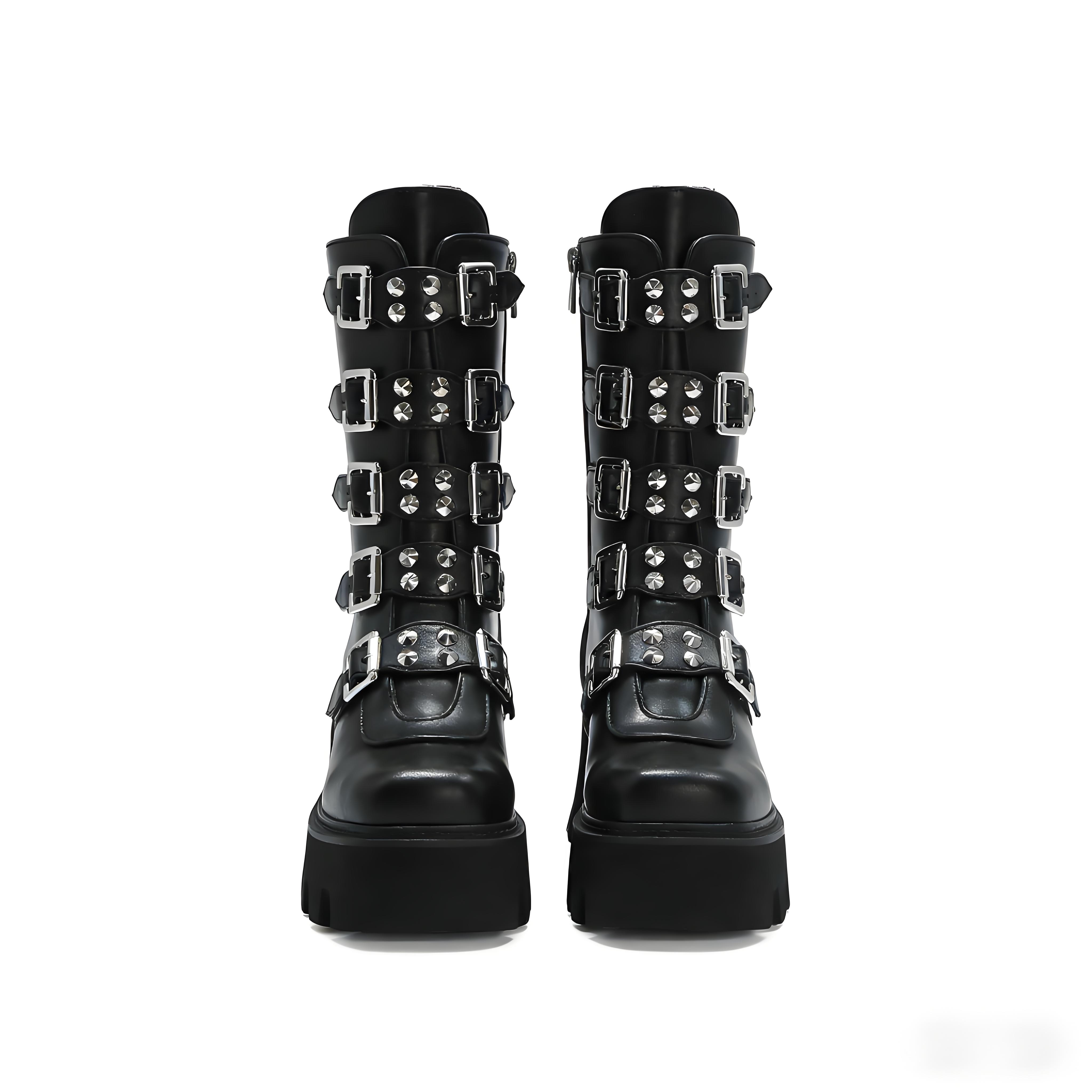 14.5cm Multi-Buckle Gothic Platform Knee-High Boots "The Obsidian Ritual"