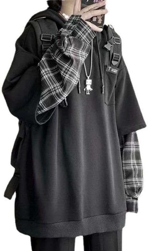 パーカー メンズ 長袖 フェイクレイヤード 重ね着風 チェック柄 おおきいサイズ カジュアル ゆったり スウェット トップス プルオーバ