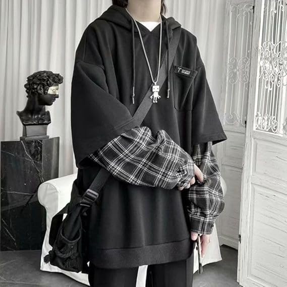 パーカー メンズ 長袖 フェイクレイヤード 重ね着風 チェック柄 おおきいサイズ カジュアル ゆったり スウェット トップス プルオーバ