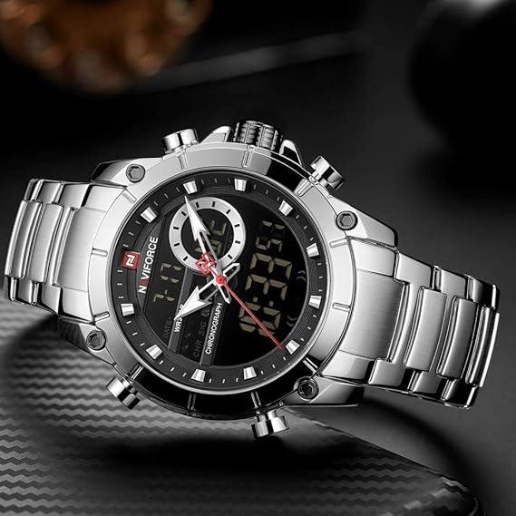 ンレススチールバンドクォーツ腕時計3ATM防水多機能発光ダブルムーブメントアナログデジタルクロノグラフマンウォッチ