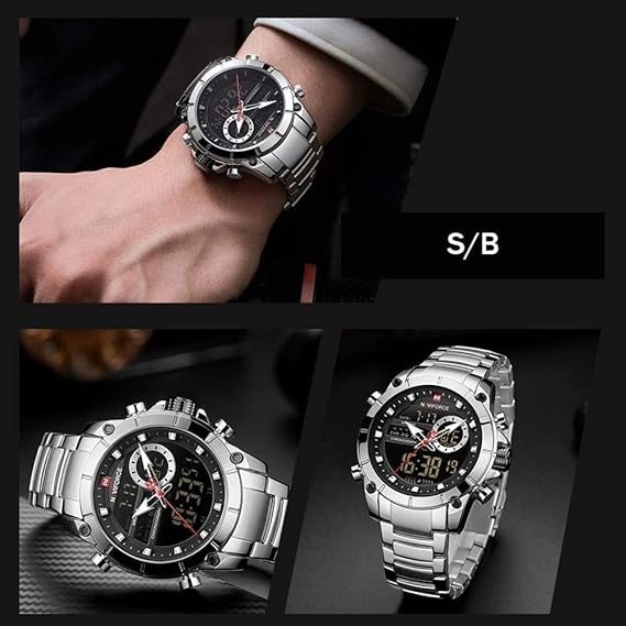 ンレススチールバンドクォーツ腕時計3ATM防水多機能発光ダブルムーブメントアナログデジタルクロノグラフマンウォッチ