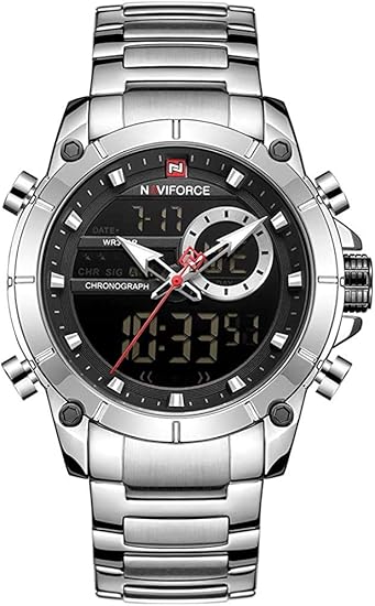 ンレススチールバンドクォーツ腕時計3ATM防水多機能発光ダブルムーブメントアナログデジタルクロノグラフマンウォッチ