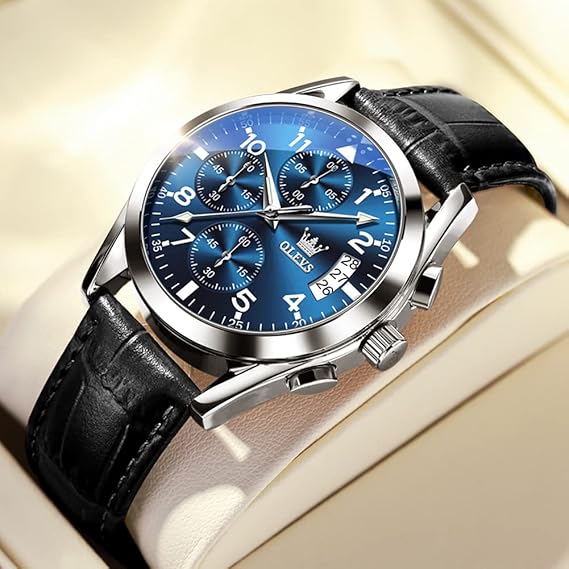 腕時計 メンズ シンプル お洒落 防水 アナログ 黒革ベルト うて腕時 計メンズ 人気ビジネス アラビア数字男性用腕時 計 見やすい 日付 クロノグラフクォーツ うで時計 ブルー 文字盘 ファッションとけい 便利