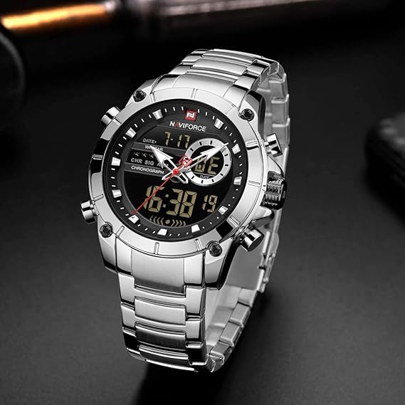 ンレススチールバンドクォーツ腕時計3ATM防水多機能発光ダブルムーブメントアナログデジタルクロノグラフマンウォッチ