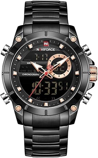 ステンレススチールバンドクォーツ腕時計3ATM防水多機能発光ダブルムーブメントアナログデジタルクロノグラフマンウォッチ (Black)