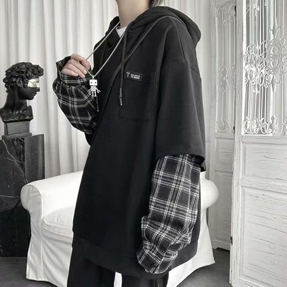 パーカー メンズ 長袖 フェイクレイヤード 重ね着風 チェック柄 おおきいサイズ カジュアル ゆったり スウェット トップス プルオーバ