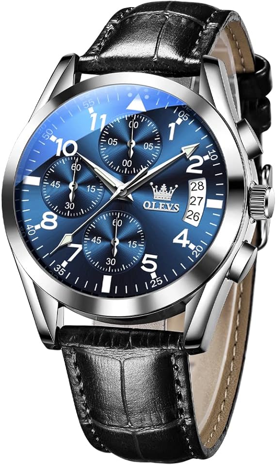 腕時計 メンズ シンプル お洒落 防水 アナログ 黒革ベルト うて腕時 計メンズ 人気ビジネス アラビア数字男性用腕時 計 見やすい 日付 クロノグラフクォーツ うで時計 ブルー 文字盘 ファッションとけい 便利