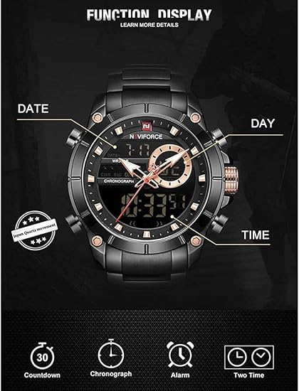 ステンレススチールバンドクォーツ腕時計3ATM防水多機能発光ダブルムーブメントアナログデジタルクロノグラフマンウォッチ (Black)