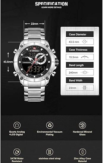 ンレススチールバンドクォーツ腕時計3ATM防水多機能発光ダブルムーブメントアナログデジタルクロノグラフマンウォッチ