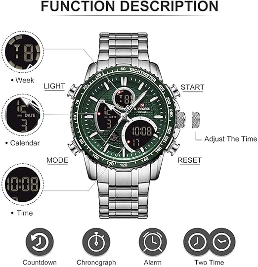 メンズアナログデジタル時計クロノグラフ防水スポーツクォーツ時計ビジネスファッションステンレス鋼軍事多機能腕時計 (NF9182-S/BE)