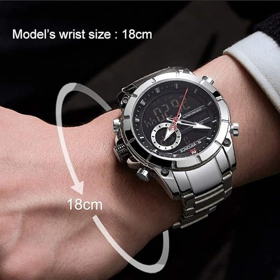 ンレススチールバンドクォーツ腕時計3ATM防水多機能発光ダブルムーブメントアナログデジタルクロノグラフマンウォッチ