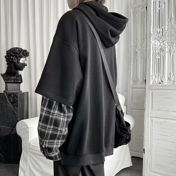 パーカー メンズ 長袖 フェイクレイヤード 重ね着風 チェック柄 おおきいサイズ カジュアル ゆったり スウェット トップス プルオーバ