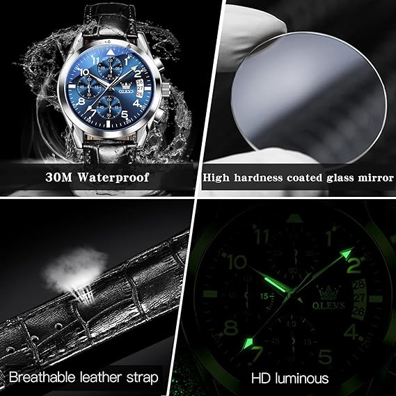 腕時計 メンズ シンプル お洒落 防水 アナログ 黒革ベルト うて腕時 計メンズ 人気ビジネス アラビア数字男性用腕時 計 見やすい 日付 クロノグラフクォーツ うで時計 ブルー 文字盘 ファッションとけい 便利