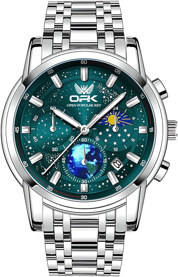 腕時計 アナログ ビジネス メンズ時計 防水 カレンダー men's watch ステンレススチールストラップ付き腕時計 グリーン