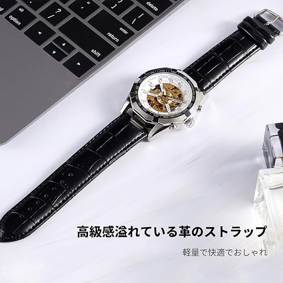 メンズ腕時計 高級メカニカル腕時計 自動巻きうで時計 機械式時計 メンズビジネスウォッチ 夜光 日付表示 ステンレスバンド 防水ウォッチ 紳士 誕生日プレゼント 時計 watch for men ホワイト＆ゴールド