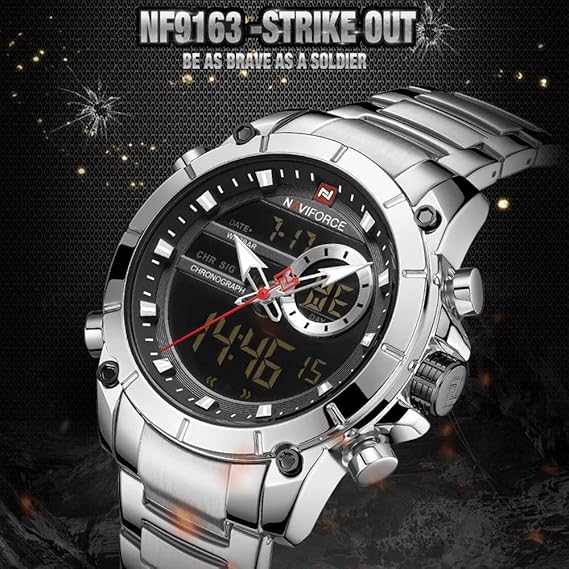 ンレススチールバンドクォーツ腕時計3ATM防水多機能発光ダブルムーブメントアナログデジタルクロノグラフマンウォッチ