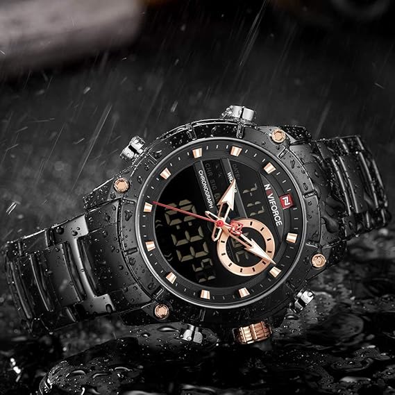 ステンレススチールバンドクォーツ腕時計3ATM防水多機能発光ダブルムーブメントアナログデジタルクロノグラフマンウォッチ (Black)