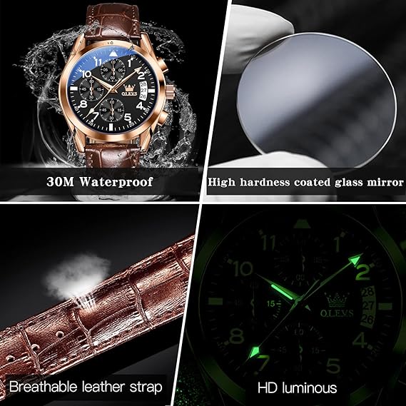 腕時計 メンズ ビジネス防水 ブラウン革ベルト 人気 うで時計 Watch for Men 見やすいとけい 日付 シンプルクオーツ かっこいい ブラック文字盘腕時 計 アラビア数字 クロノグラフ アナログ お洒落 軽量 紳士腕時 計 大きい