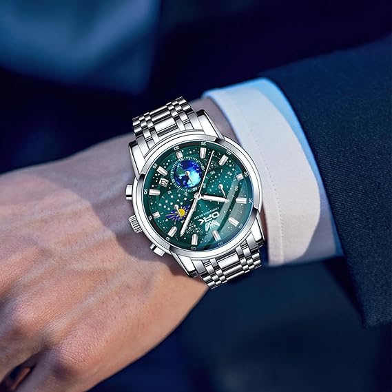 腕時計 アナログ ビジネス メンズ時計 防水 カレンダー men's watch ステンレススチールストラップ付き腕時計 グリーン