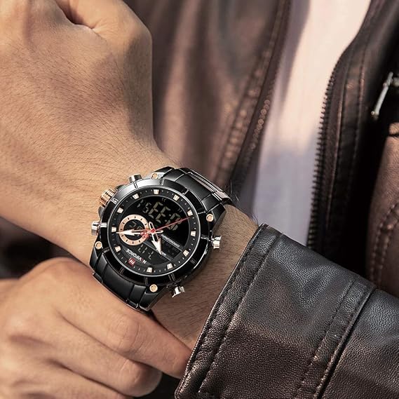 ステンレススチールバンドクォーツ腕時計3ATM防水多機能発光ダブルムーブメントアナログデジタルクロノグラフマンウォッチ (Black)