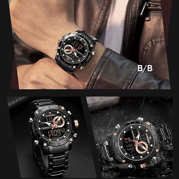 ステンレススチールバンドクォーツ腕時計3ATM防水多機能発光ダブルムーブメントアナログデジタルクロノグラフマンウォッチ (Black)