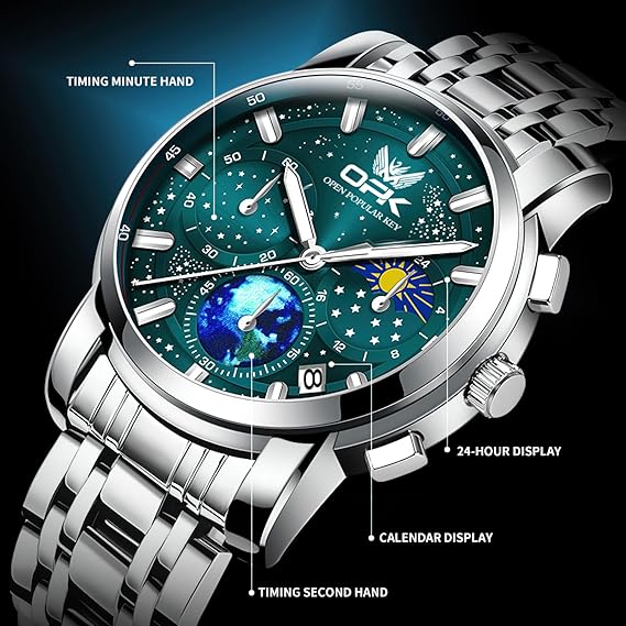 腕時計 アナログ ビジネス メンズ時計 防水 カレンダー men's watch ステンレススチールストラップ付き腕時計 グリーン