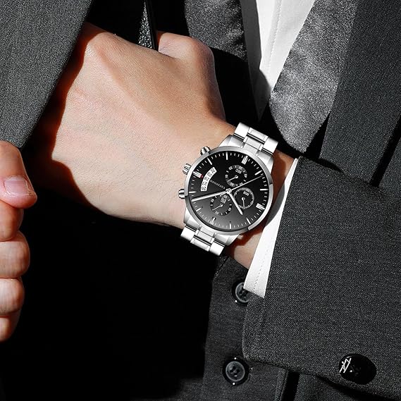 腕時計 メンズ 日付表示 クロノグラフ クオーツ 防水 多針アナログ ウオッチ 人気 うで時計防水 仕事用 おしゃれ カジュアル ビジネス 通勤 就活 スポーツ Watch for man ブラック・シルバー
