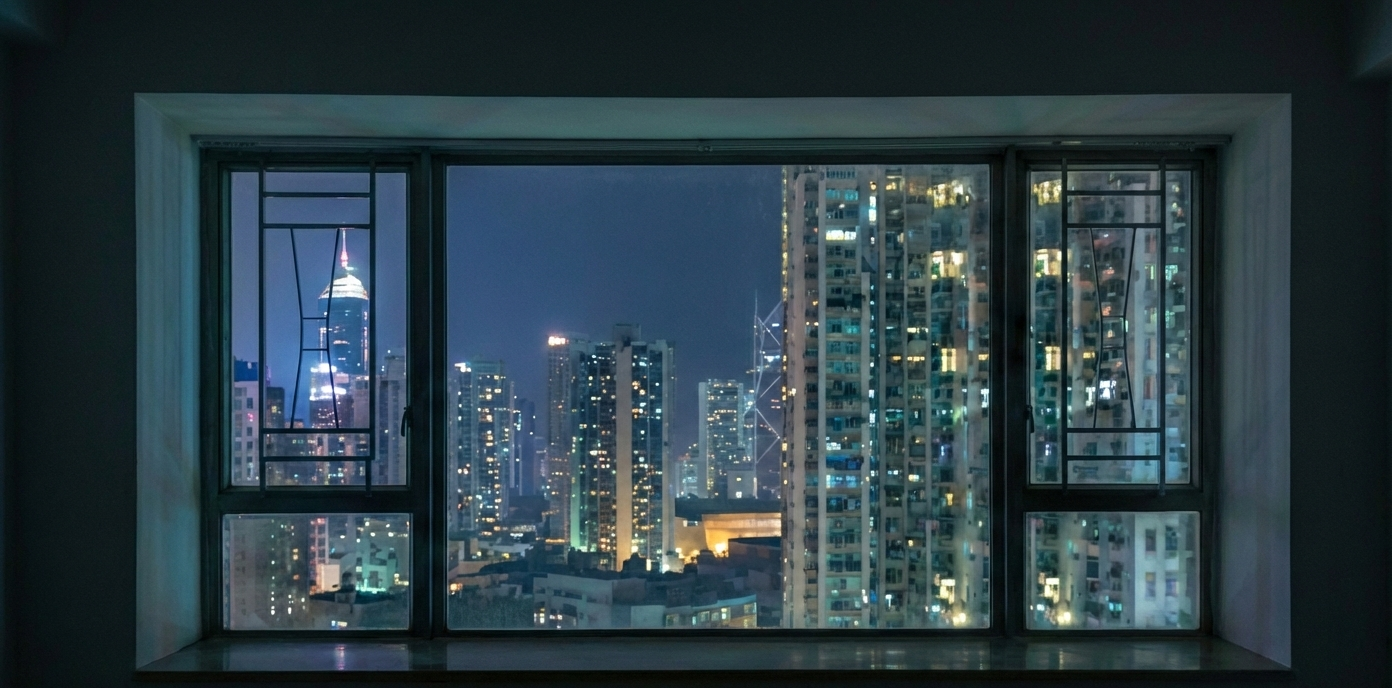 香港獨居單位窗景，暗示 HMD 術語『有場』或私人約會空間
