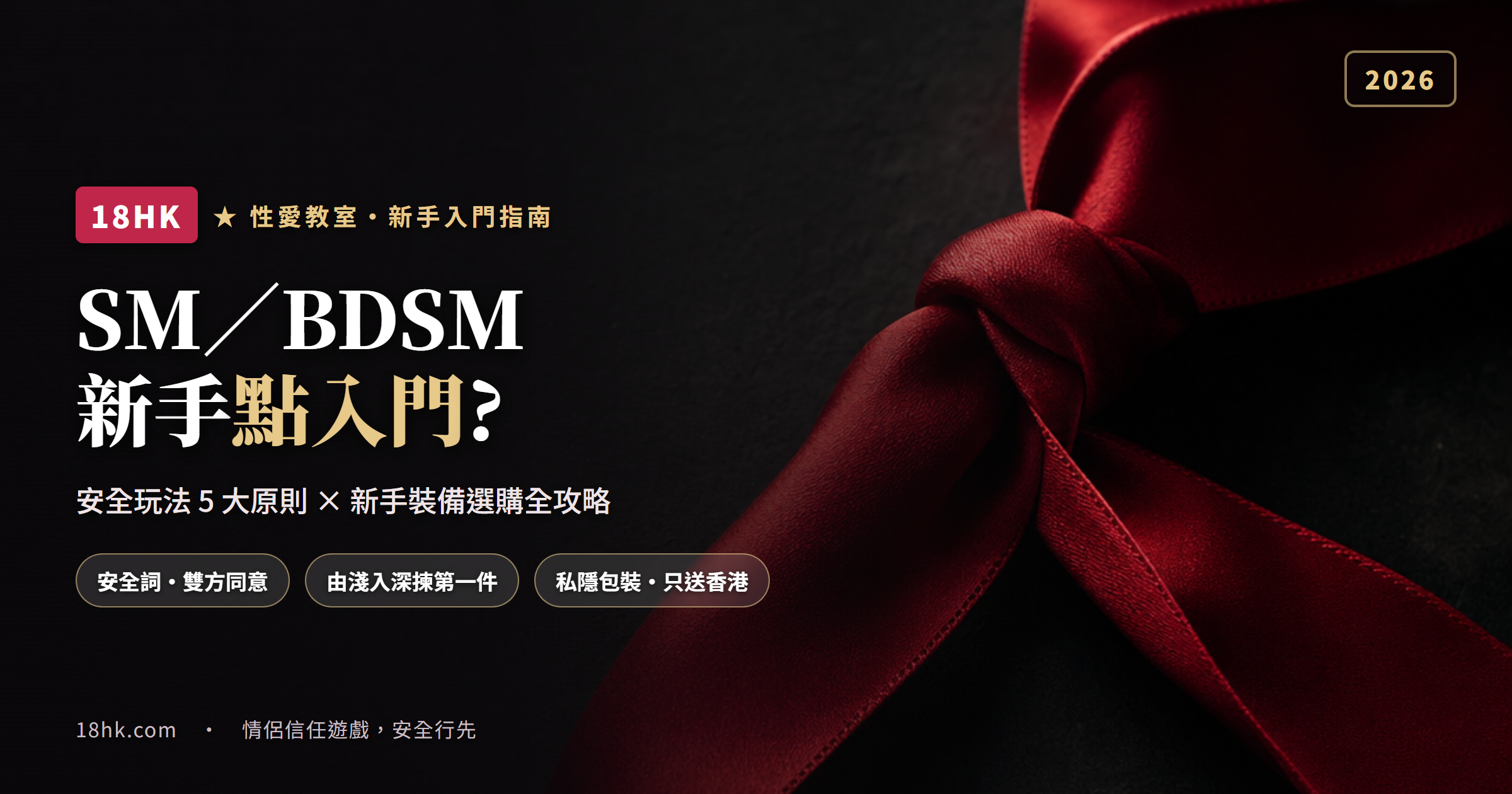 SM／BDSM 新手入門指南封面:深紅絲緞緞帶打結,象徵雙方同意下的束縛與信任遊戲