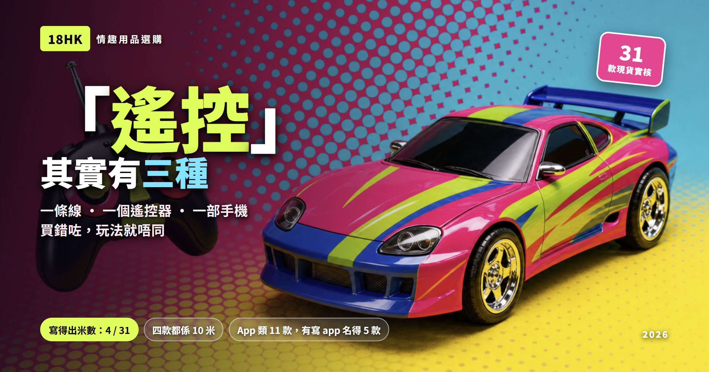 遙控情趣用品選購封面：一個無線遙控器同一部遙控模型車，比喻有線、遙控器、手機 App 三種控制方式｜18HK 香港