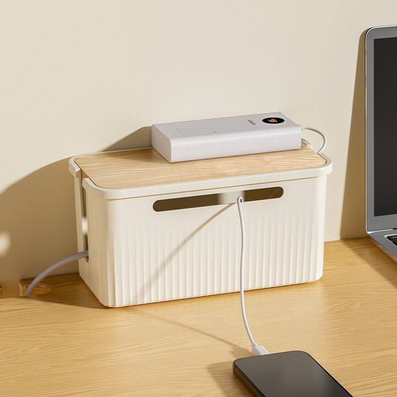 Desktop Plug Socket & Cable Organizer – Black/White Storage Box for Charging/Data Cables