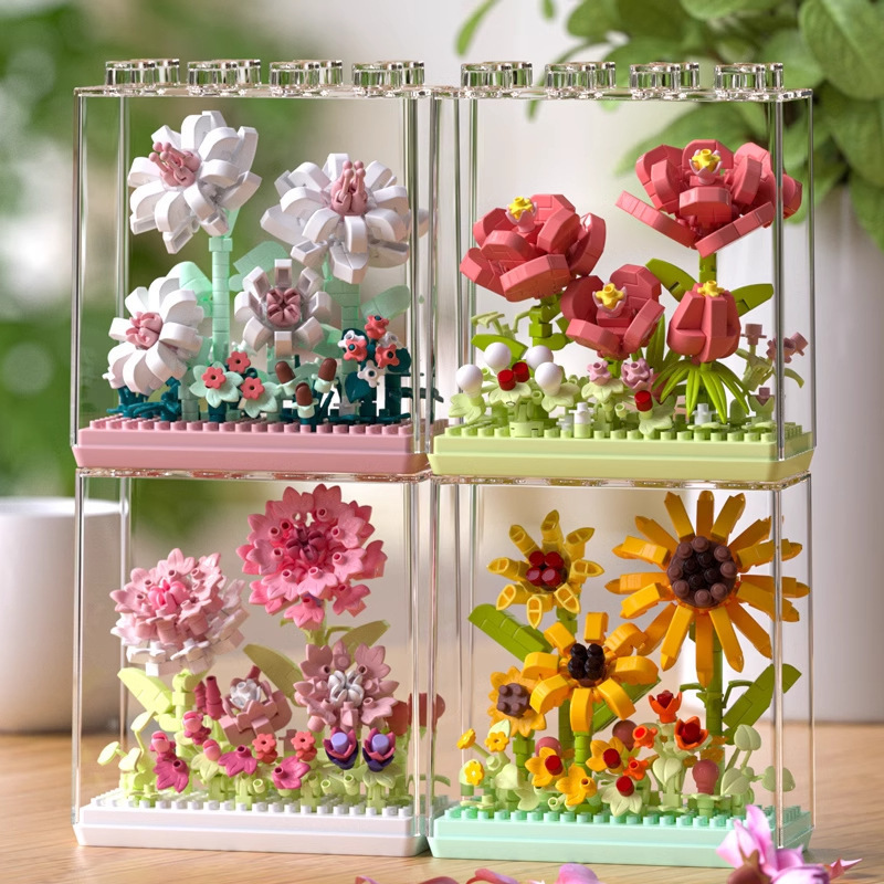 Flower Building Blocks Set with Clear Display Case, Artificial Bouquet Mini Bricks Kit, Eternal Flower Decor Gift for Adults & Teens