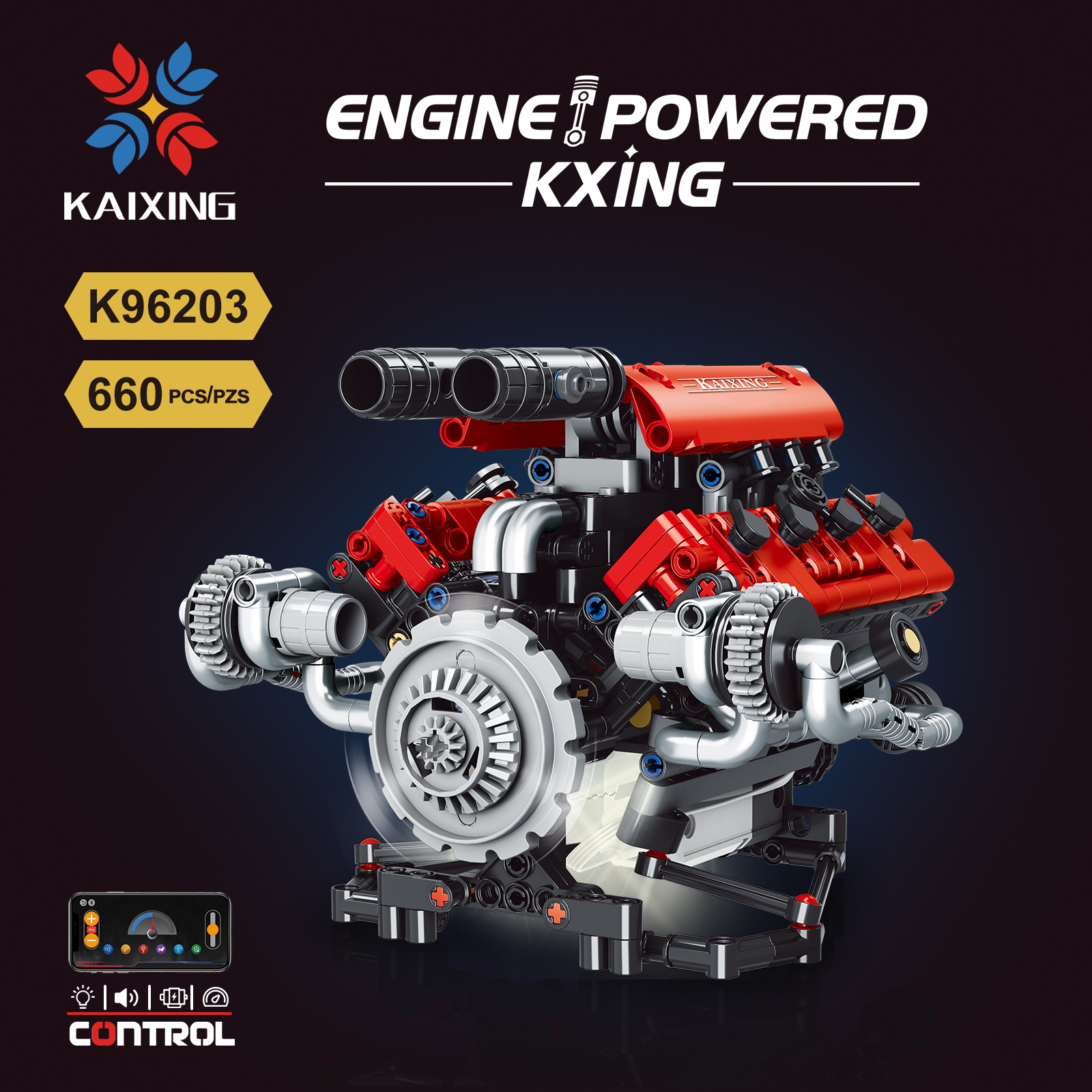 KAIXING K96203 App-Controlled V8 Engine 660PCS Motorized Mechanical Building Block Set with Clutch System Toys Sets