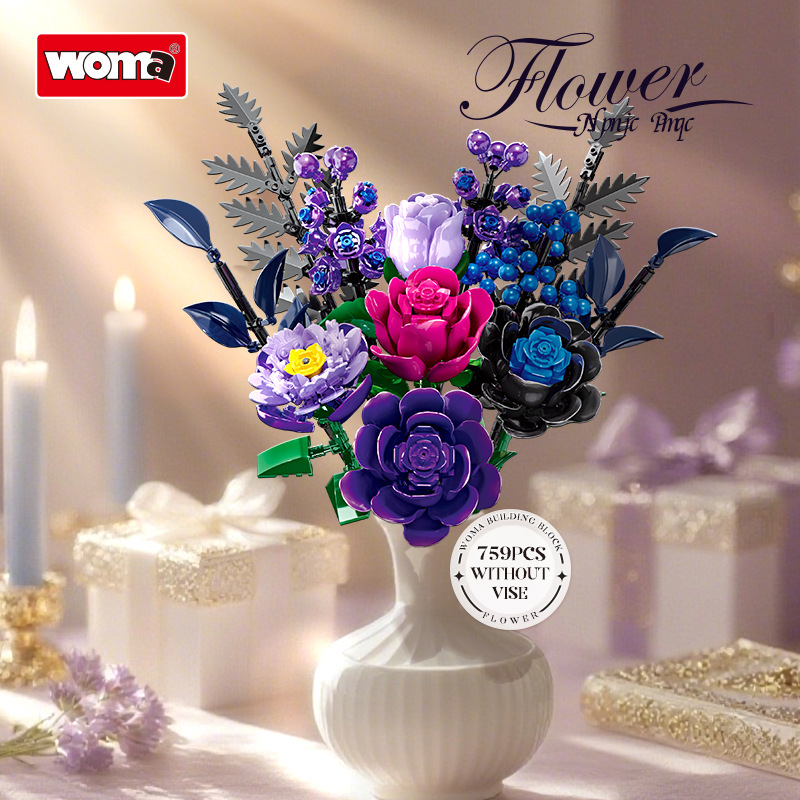 Purple Rose Building Blocks Flower Set DIY Artificial Flower Bouquet Kit for Home Decor Creative Gift for Adults & Kids