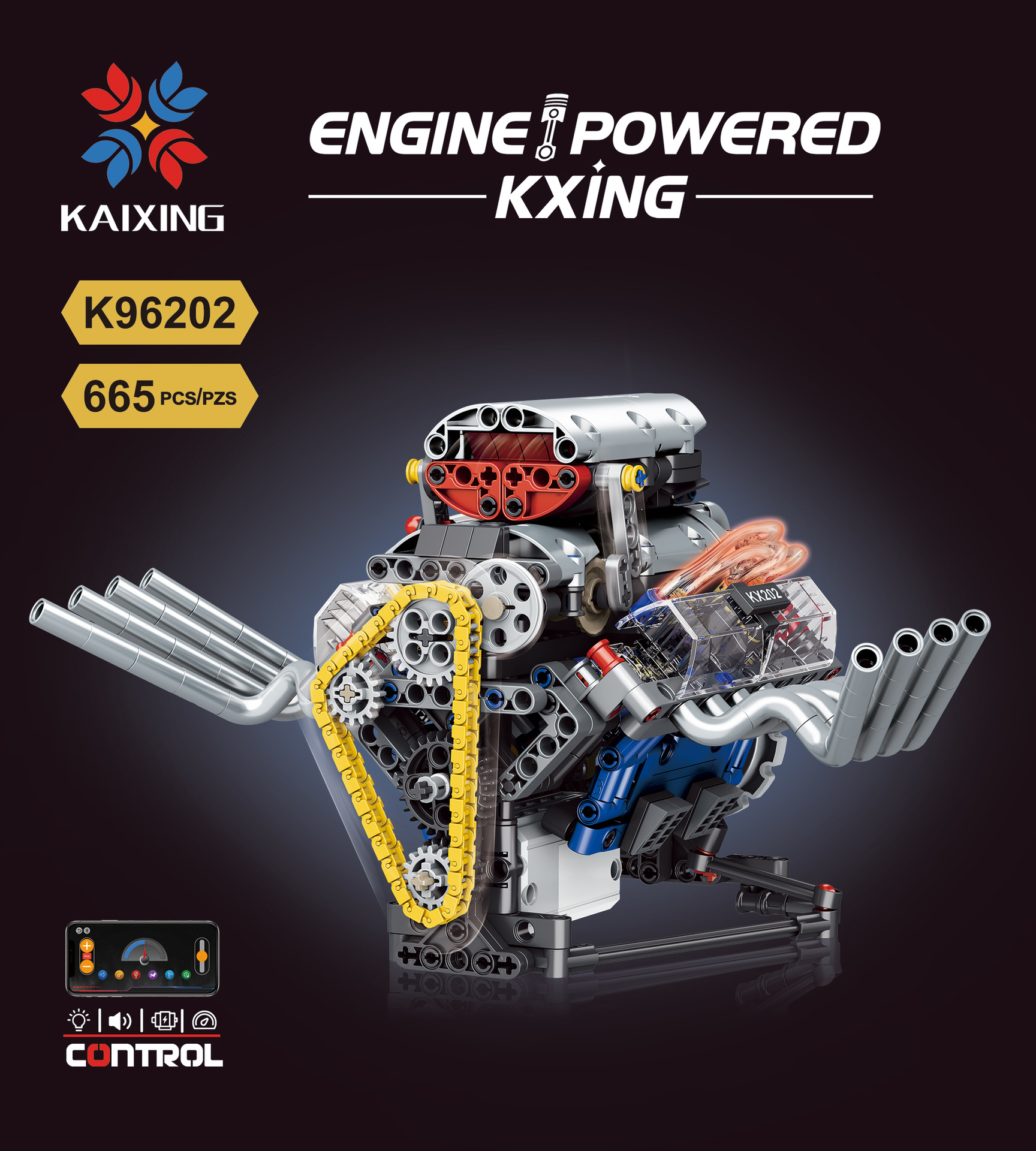 KAIXING Working V8 Engine Building Set - 665PCS App-Controlled Mechanical Engine Replica for Car Enthusiasts