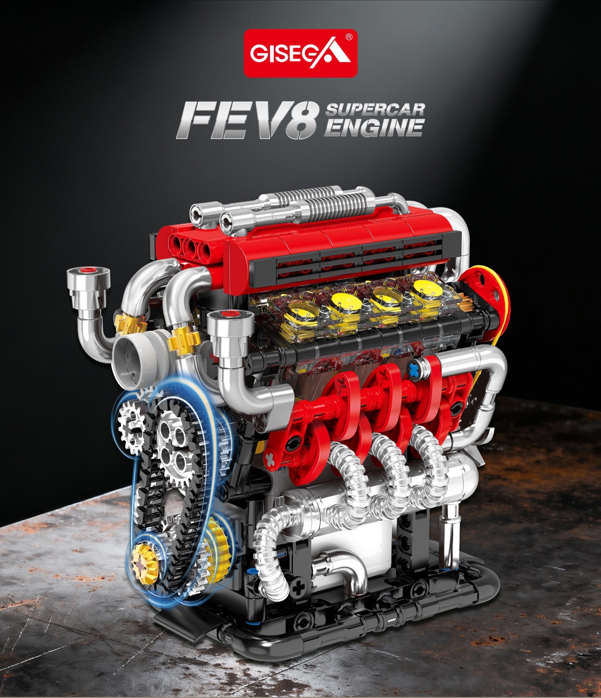 GISEGA Motorized V8 Engine Building Set - 538PCS Working Supercar Engine Replica for Hobbyists