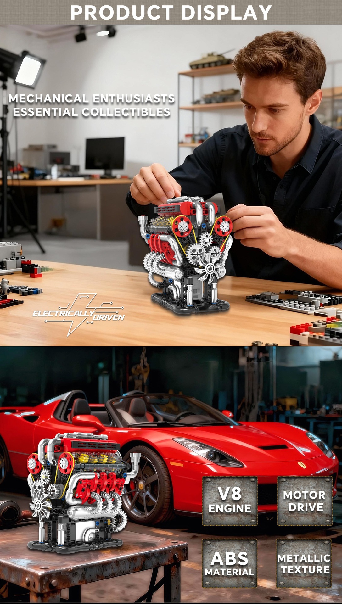 GISEGA Motorized V8 Engine Building Set - 538PCS Working Supercar Engine Replica for Hobbyists