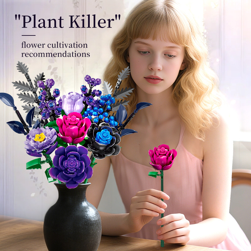 Purple Rose Building Blocks Flower Set DIY Artificial Flower Bouquet Kit for Home Decor Creative Gift for Adults & Kids
