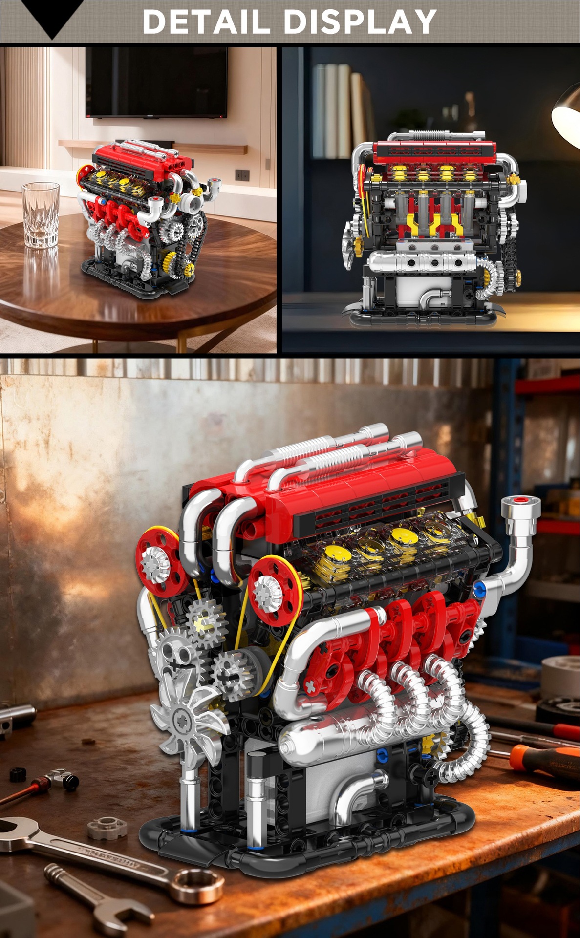 GISEGA Motorized V8 Engine Building Set - 538PCS Working Supercar Engine Replica for Hobbyists