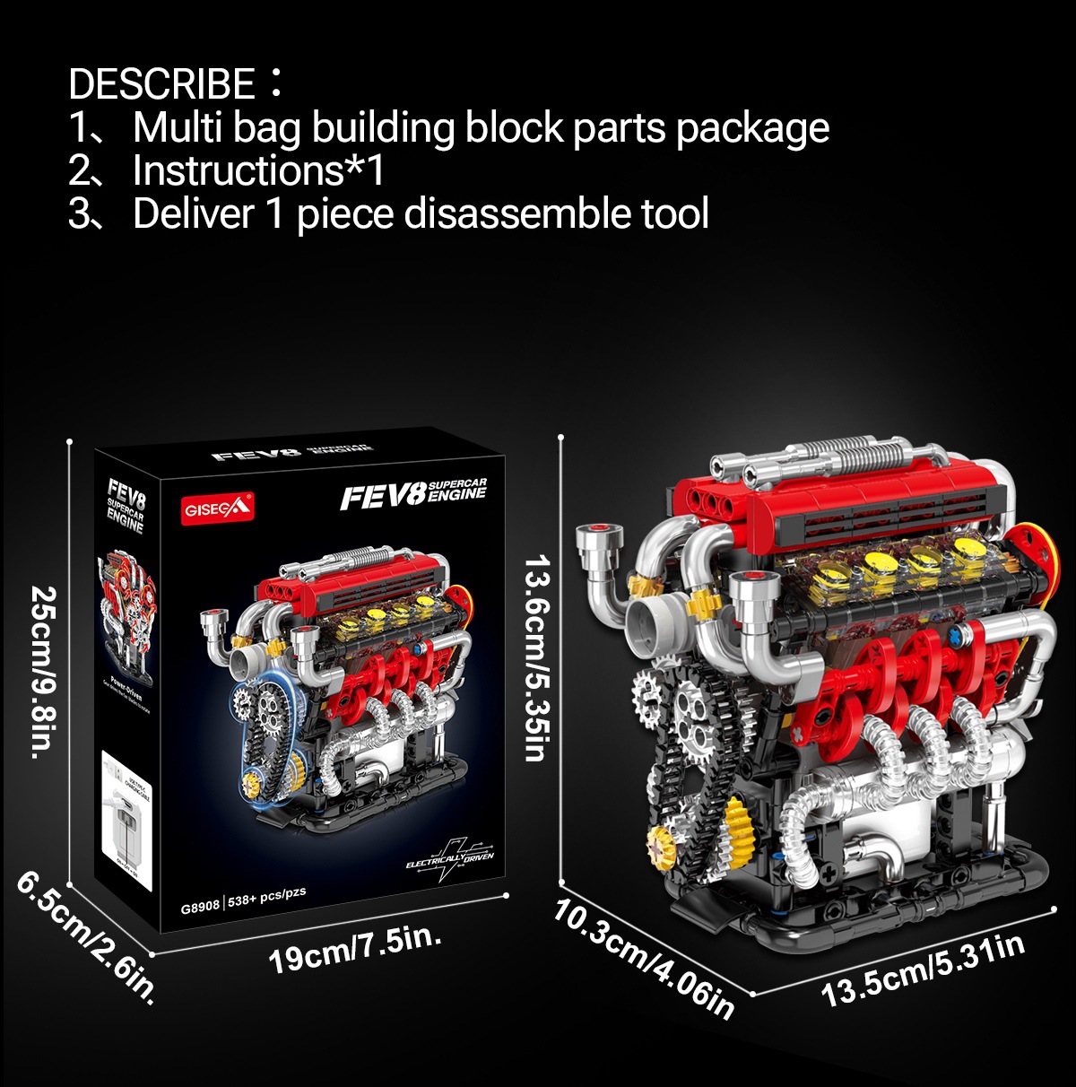 GISEGA Motorized V8 Engine Building Set - 538PCS Working Supercar Engine Replica for Hobbyists
