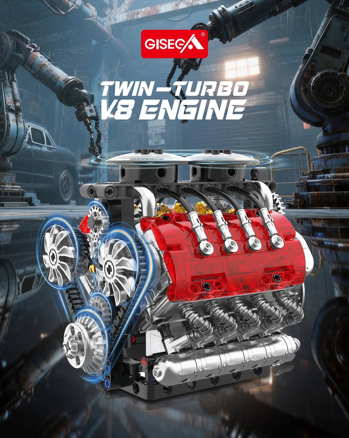 GISEGA Working Twin-Turbo V8 Engine Building Set - 548PCS Realistic Supercar Engine Replica for Car Enthusiasts