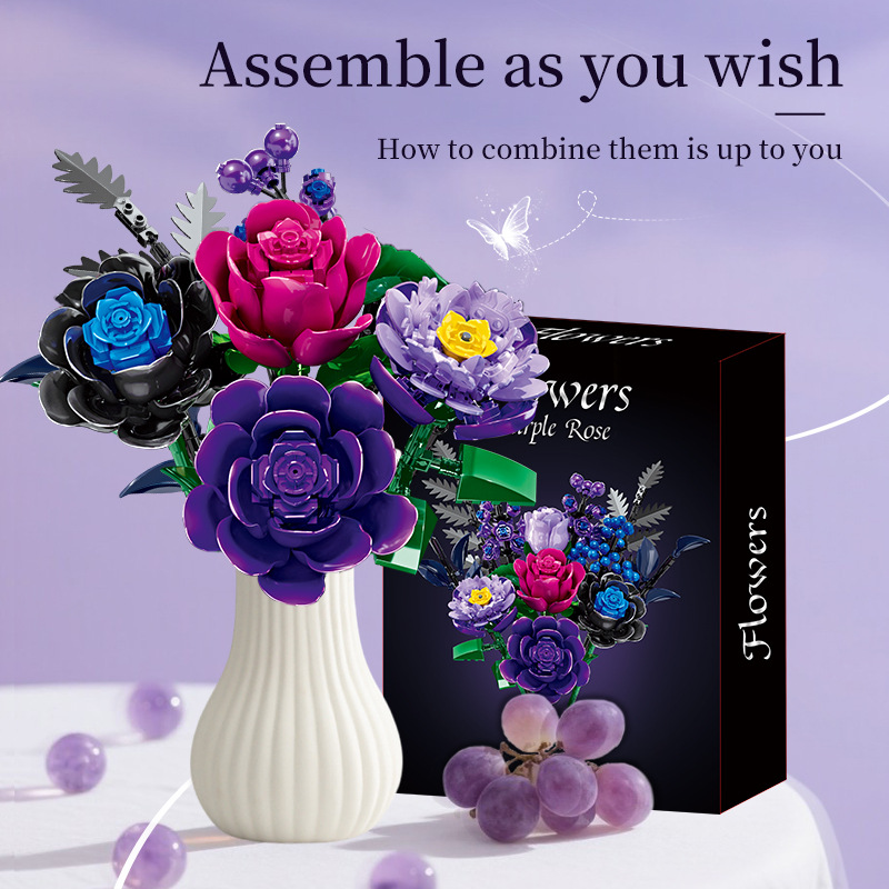 Purple Rose Building Blocks Flower Set DIY Artificial Flower Bouquet Kit for Home Decor Creative Gift for Adults & Kids