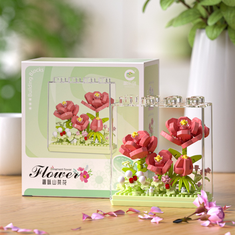 Flower Building Blocks Set with Clear Display Case, Artificial Bouquet Mini Bricks Kit, Eternal Flower Decor Gift for Adults & Teens