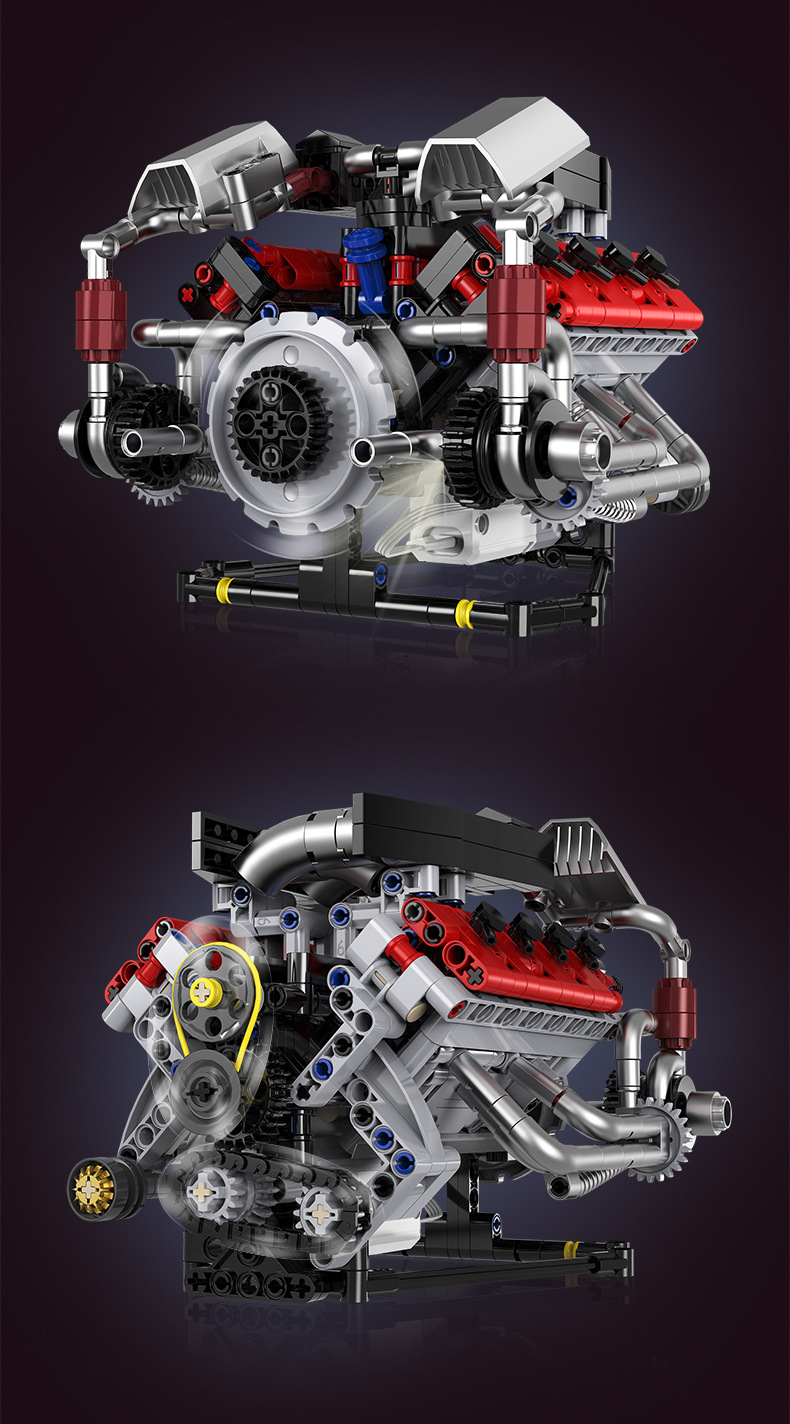 Motorized V8 Engine Building Blocks - Working Mechanical Engine Model with Belt & Gear Drive Toys Sets