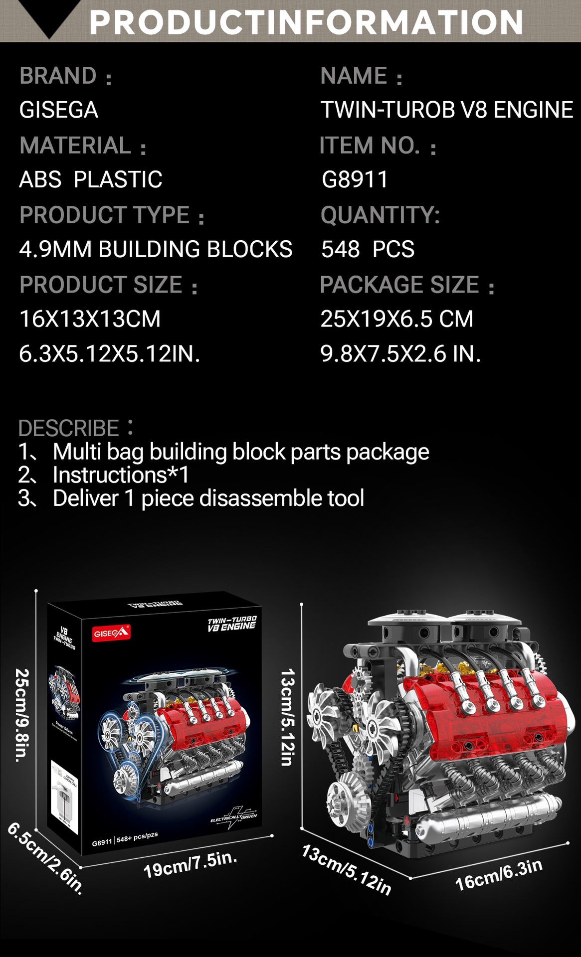 GISEGA Working Twin-Turbo V8 Engine Building Set - 548PCS Realistic Supercar Engine Replica for Car Enthusiasts