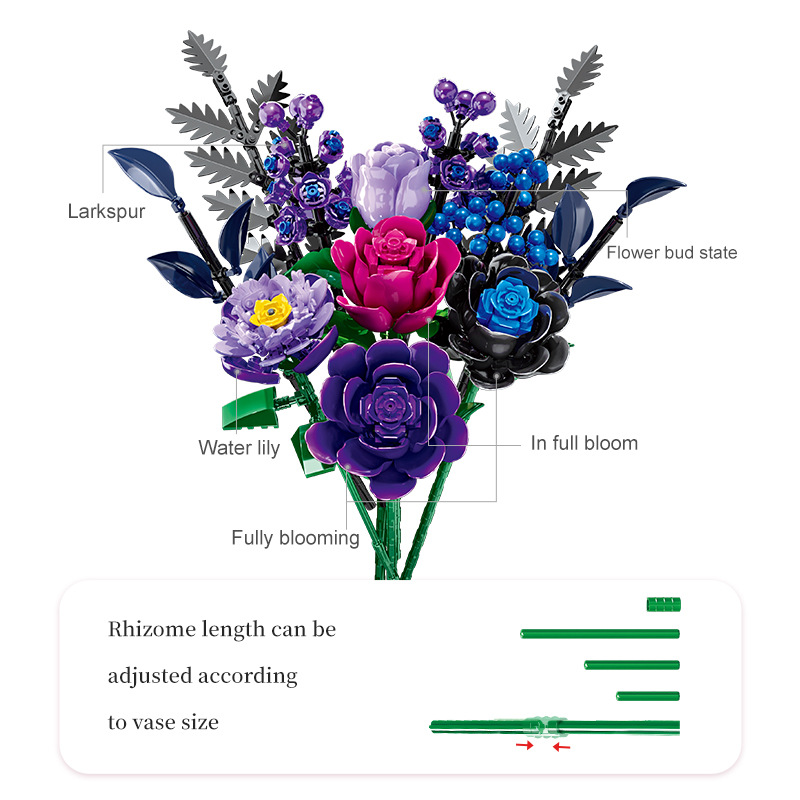 Purple Rose Building Blocks Flower Set DIY Artificial Flower Bouquet Kit for Home Decor Creative Gift for Adults & Kids