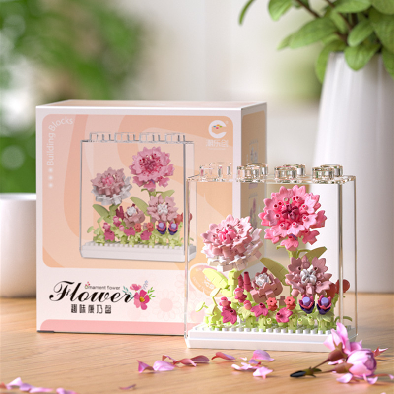 Flower Building Blocks Set with Clear Display Case, Artificial Bouquet Mini Bricks Kit, Eternal Flower Decor Gift for Adults & Teens